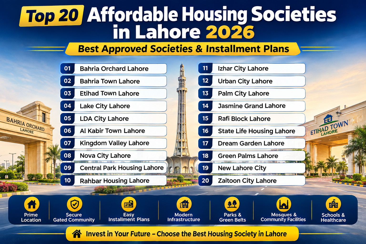 Top 20 Affordable Housing Societies in Lahore 2026 | Best Approved Societies & Installment Plans